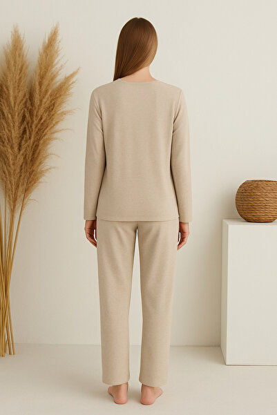 Ercan Women's Long Sleeved Beige Color Pajamas Set Bottom and Top Soft Fabric Comfortable Home Wear Set