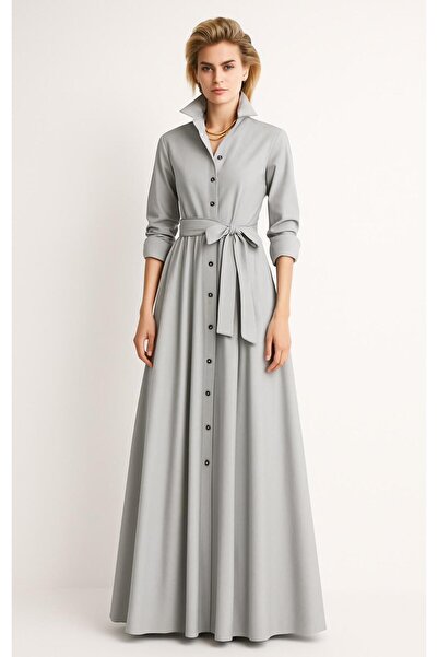ALYEL NAKER Seyyar Kuşaklı & Önden Düğmeli Açık Gri Tafta Maxi Gömlek Elbise