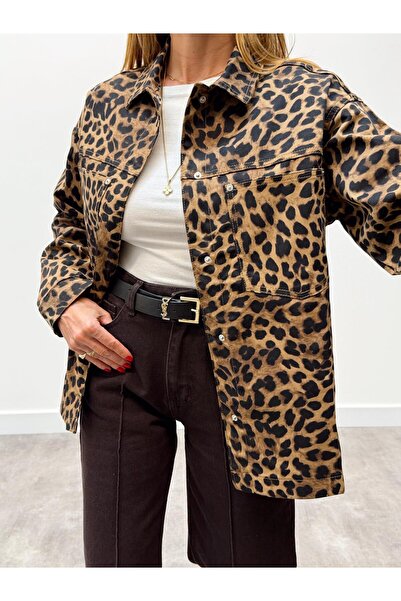 Maldia Shop Women's Gabardine Fabric Leopard Shirt with Pocket Detail