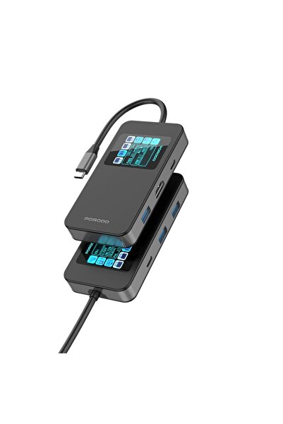 porodo 6-in-1 Multi-Port USB-C Hub with Smart Digital Display - Gray
