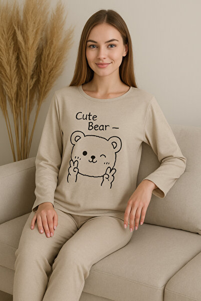 Ercan Women's Long Sleeved Beige Color Pajamas Set Bottom and Top Soft Fabric Comfortable Home Wear Set