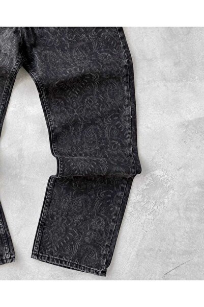 A&O Style Men's Black Regular Fit Laser Print Detailed Jean Denim Trousers