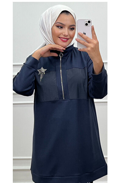 CELTMODA Women's Half-Zip Star Print Parachute Detailed Hijab Two-Piece Set - Indigo