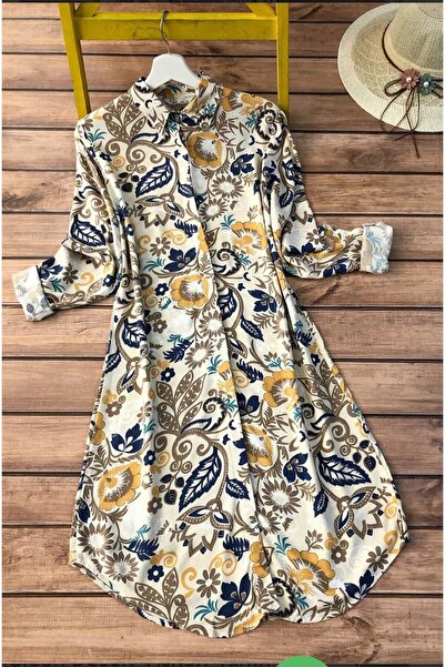 Polologin Butik Plus Size Yellow Beige Leaf Patterned Summer Viscose Tunic