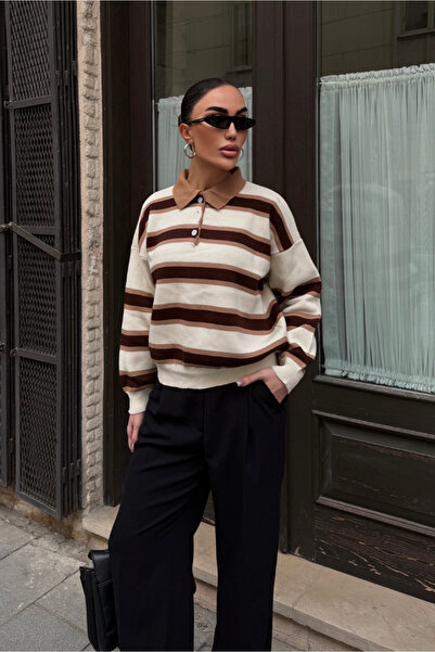 Fav Style Γυναικείο πλεκτό πουλόβερ με λαιμόκοψη πόλο ριγέ oversized μπεζ