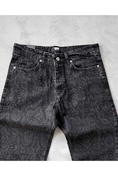 A&O Style Men's Black Regular Fit Laser Print Detailed Jean Denim Trousers