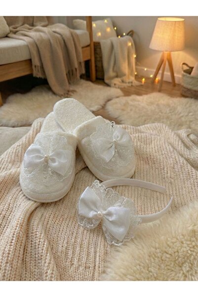 Lohusa Homewear Women's Ecru Lace Detailed Bowknot Maternity Crown Slippers Set