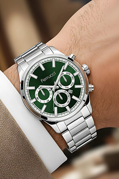 Ferrucci Men's Wristwatch with Calendar Steel Case & Steel Strap Silver-Green...