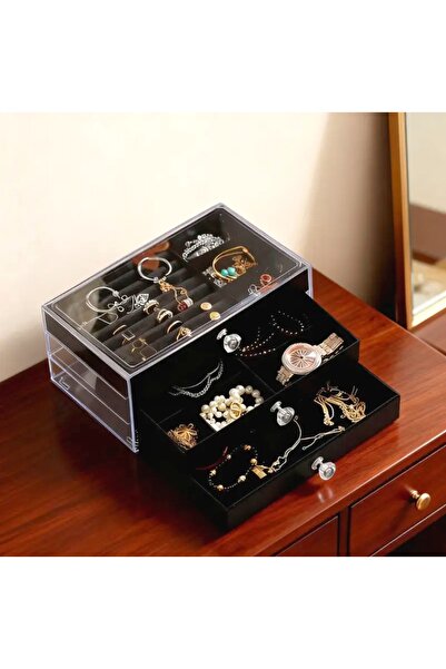 İsdeksan 3 çekmeceli süet takı kutusu, mücevher düzenleyici