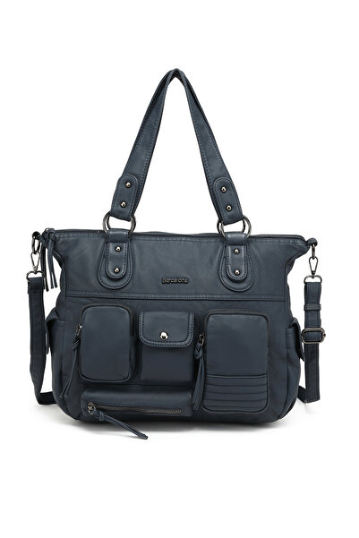 Hüvendo Multi-Pocket Casual Large Size Shopper Design Adjustable Strap Women's Shoulder Bag Jeans Blue