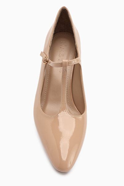 Limoya Sania Beige Patent Leather Belted Thin Heeled Women's Shoes