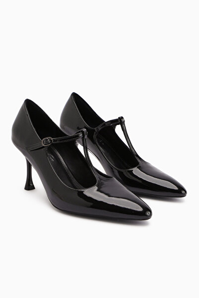 Limoya Sania Black Patent Leather Belted Thin Heeled Women's Shoes