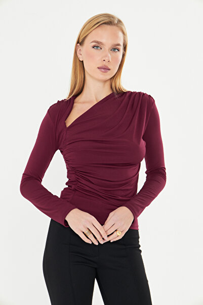 let s shine Asymmetrical Neck Gathered Sandy Long Sleeve Blouse - 732