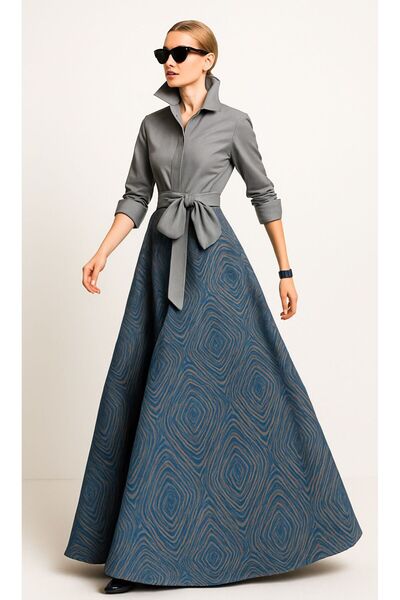 ALYEL NAKER Gömleği Gri Tafta & Eteği Desenli Brokar Şık Maxi Gömlek Elbise