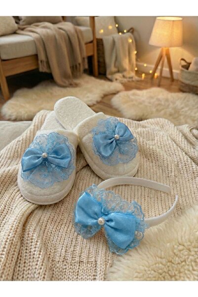 Lohusa Homewear Women's Blue Lace Detailed Bowknot Maternity Crown Slippers Set