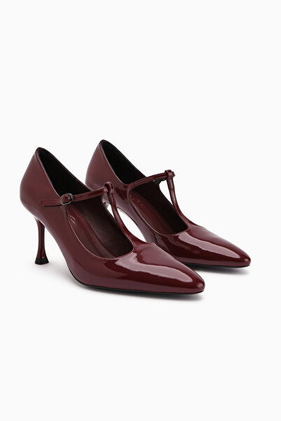 Limoya Sania Burgundy Patent Leather Belted Thin Heeled Women's Shoes
