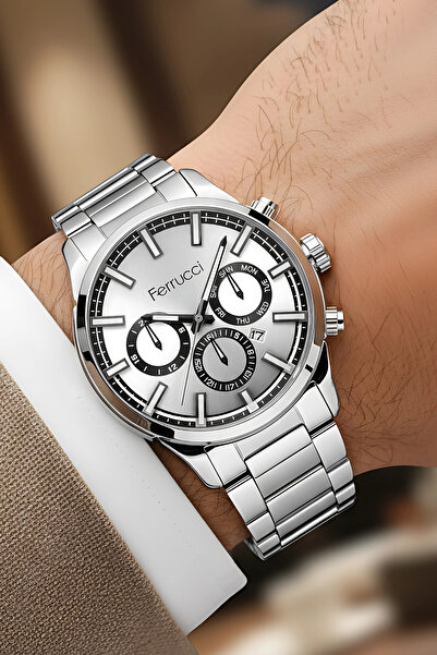 Ferrucci Men's Wristwatch with Calendar Steel Case & Steel Strap Silver-White...