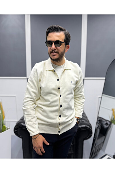 Avni Ceylan Men's Ecru Navy Blue Buttoned Embroidered Detailed Cotton Knit Cardigan