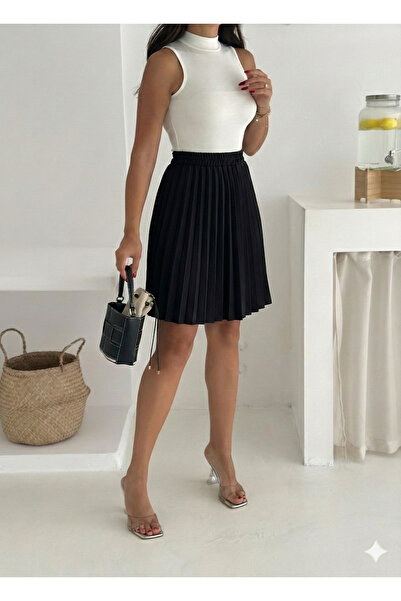 YUSUF CAN KARATAŞ KARATAŞ GİYİM Women's Black Color Pleated Elastic Waist Satin Fabric Mini Skirt Size 45 cm