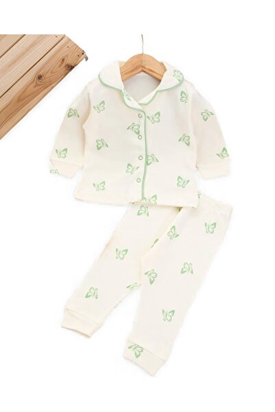 voyyo kids baby Baby Girl Butterfly Printed Double-Breasted Collared 100% Cotton Luxury Nightgown Top and Bottom 2-Piece Set
