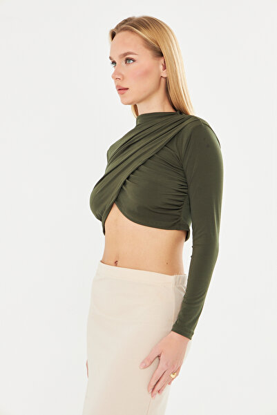 let s shine Mock Neck Sandy Long Sleeve Blouse with Flounce on the Shoulder - 739