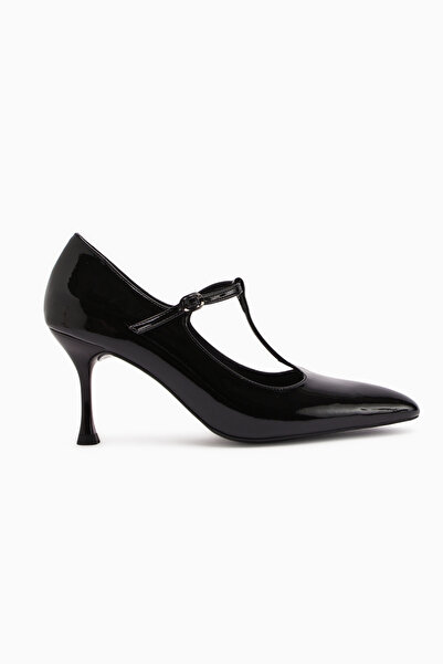 Limoya Sania Black Patent Leather Belted Thin Heeled Women's Shoes