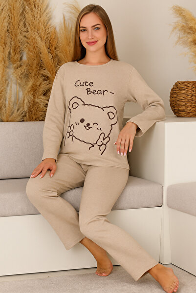 Ercan Women's Long Sleeved Beige Color Pajamas Set Bottom and Top Soft Fabric Comfortable Home Wear Set