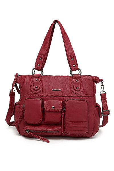 Hüvendo Multi-Pocket Daily Large Size Shopper Design Adjustable Strap Women's Shoulder Bag Burgundy