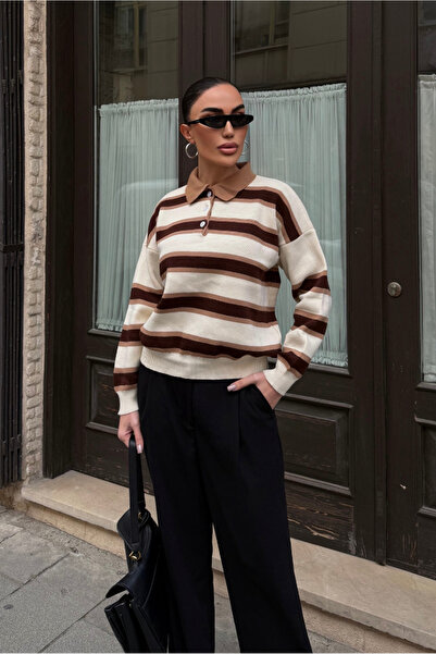 Fav Style Γυναικείο πλεκτό πουλόβερ με λαιμόκοψη πόλο ριγέ oversized μπεζ