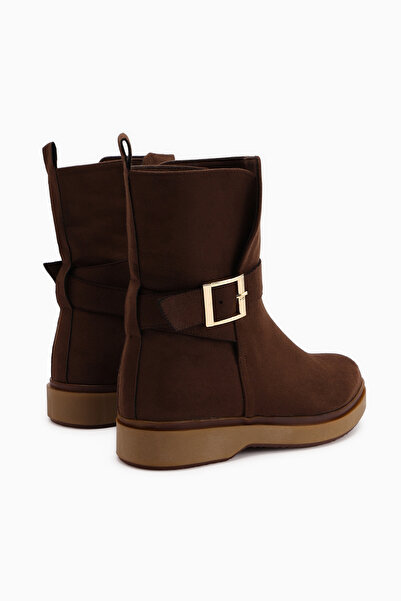 Limoya Behnoush Brown Suede Oval Toe Buckle Detailed Boots