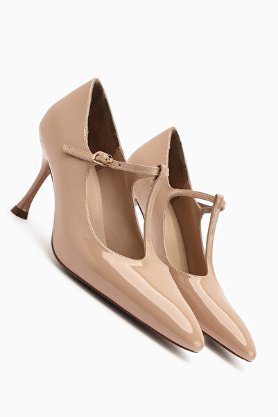 Limoya Sania Beige Patent Leather Belted Thin Heeled Women's Shoes