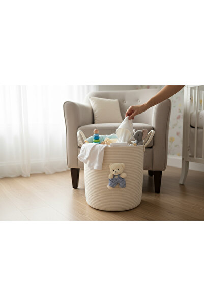 Bohemahomedecor Ecru Blue Teddy Bear Basket Organizer Toy Basket Decorative Basket