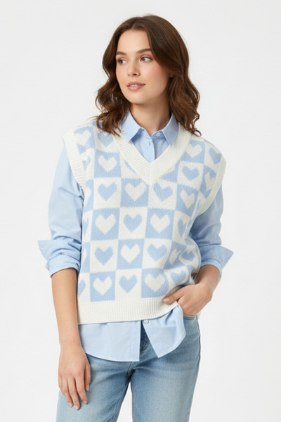 KOZİA OUTDOORS Kadın Mavi Beyaz Kalp Ve Dama Desenli Triko Süveter