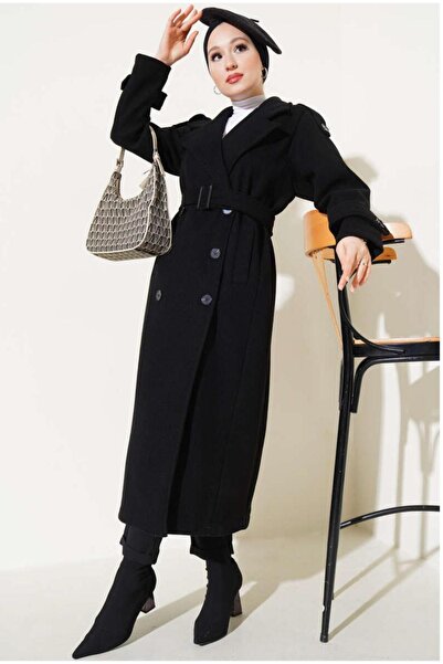 Mynoa Black Belted New Season Lined Premium Quality Comfortable Fit Women's Cashmere Coat