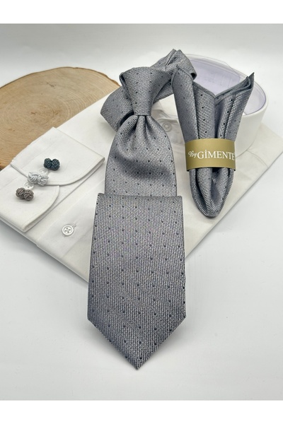 Gutiero ربطة عنق كلاسيكية مع منديل رمادي منقط