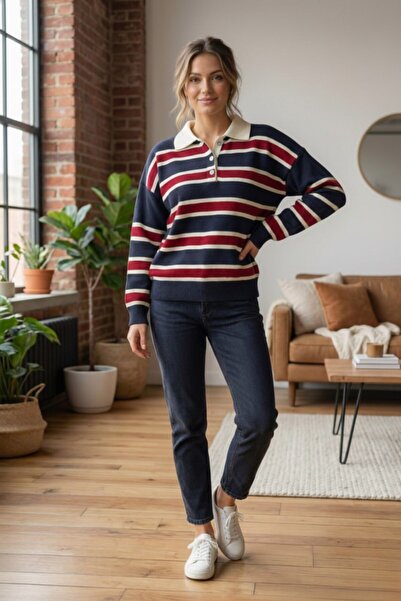 veira College Style Navy Blue Striped Sweater - Polo Neck Buttoned Soft Textured Knitwear