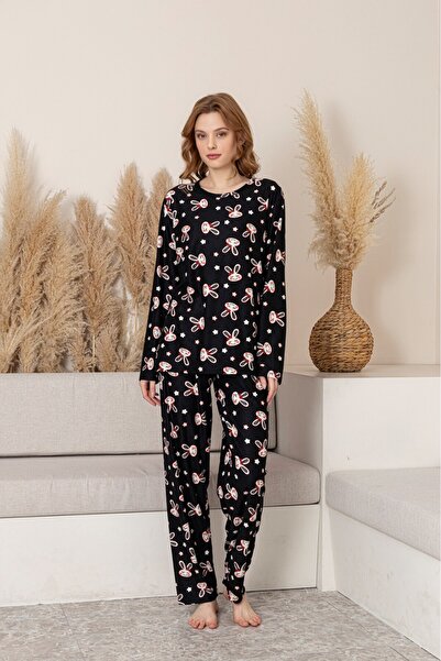 Serena Women's Black Bunny Printed Pajamas – Long Sleeves and Pants