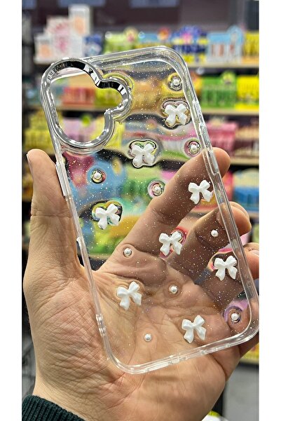 EDELFU iPhone 16 Plus - Transparent Glitter White Bow Pattern Cover with Came...