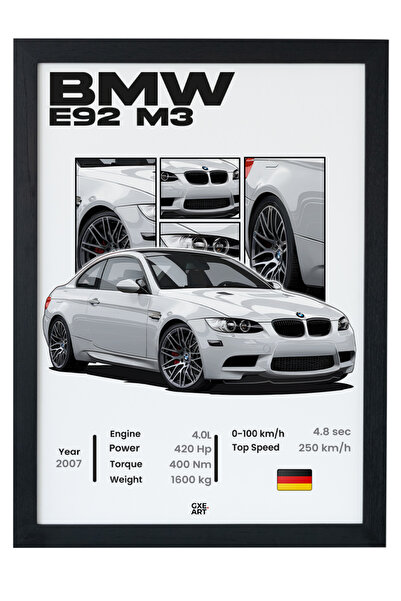gxe.art BMW E92 M3 Ahşap Çerçeveli Poster Tablo – V8 Coupe
