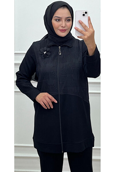 CELTMODA Women's Rose Brooch Zippered Patterned Hijab Double Set - Black