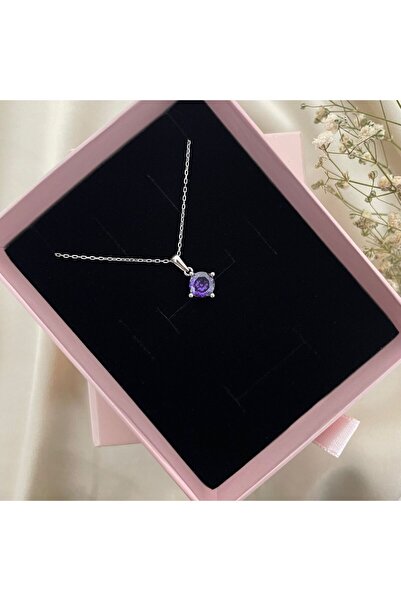 Lovera Jewellery 925 Ayar Gümüş Mor Taşlı Tek Taş Kadın Kolye - Zarif Minimal...