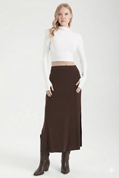 By Yaren Yazıcı Women's Brown Elastic Waist Form Slit Maxi Skirt Day and Night Style