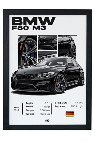 gxe.art Pictură cu poster cu cadru din lemn BMW F80 M3 – Design Sedan Twin-Turbo