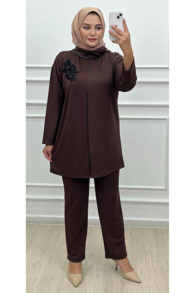 CELTMODA Women's Lace Embroidered High Neck Hijab Two-Piece Set - Brown