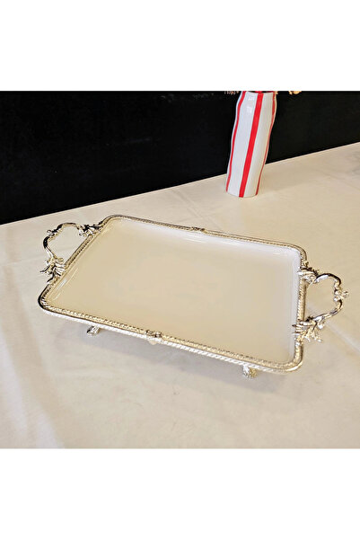 MaviDamla Cast Edge Frameded Footed Porcelain Presentation Plate 30*22 Silver