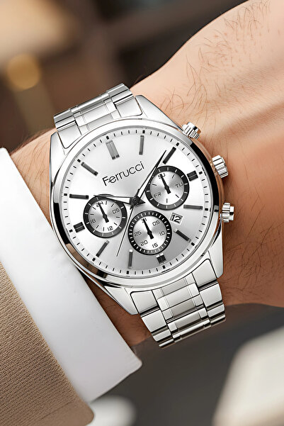 Ferrucci ساعة يد رجالية مع تقويم وهيكل فولاذي وسوار فولاذي فضي-أبيض zmfer214