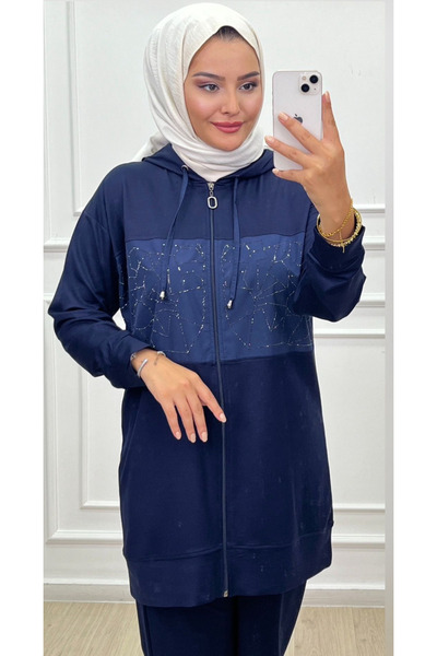 CELTMODA Women's Stone Parachute Detailed Zippered Hooded Hijab Double Set - Blue