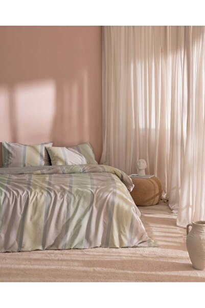 Madame Coco Cannes Single Size 100% Cotton Elastic Ranforce Printed Duvet Cover Set - Khaki