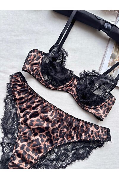 Leopar Saten Dantel Detaylı İç Çamaşır Takımı