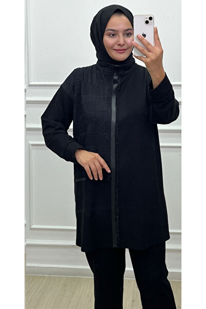 CELTMODA Women's Leather Detailed Patterned Hijab Double Set - Black